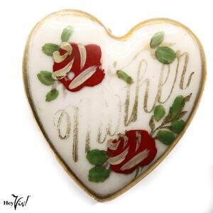 Vintage Mother Heart Brooch Pin White Enamel w Hand Painted Red Roses - Hey Viv